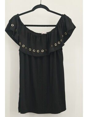Harlow & Rose Women's Black Off Shoulder Top Gold Eyelet Ruffle Blouse Large L